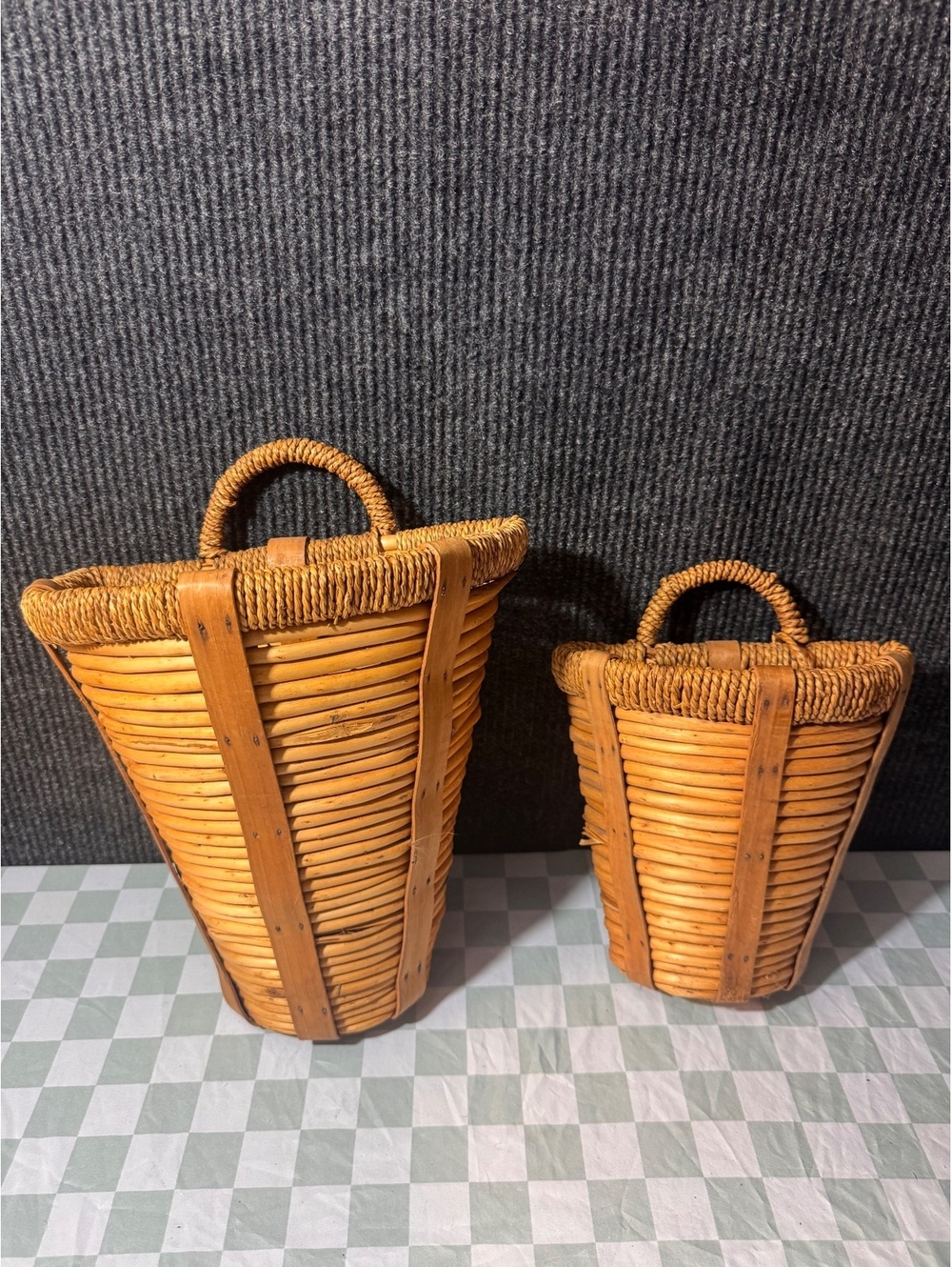 Set of Two Vintage Woven Rattan Storage Baskets with Handles